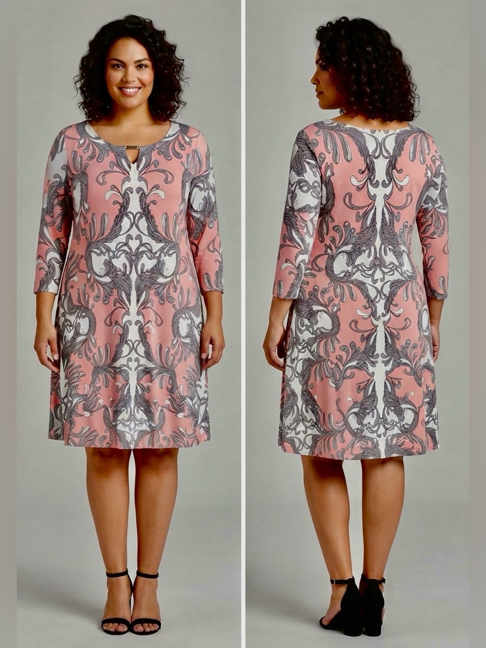 JBS Pink & Grey Paisley 3/4 Sleeve Dress – Metal Neck Detail – Size 10